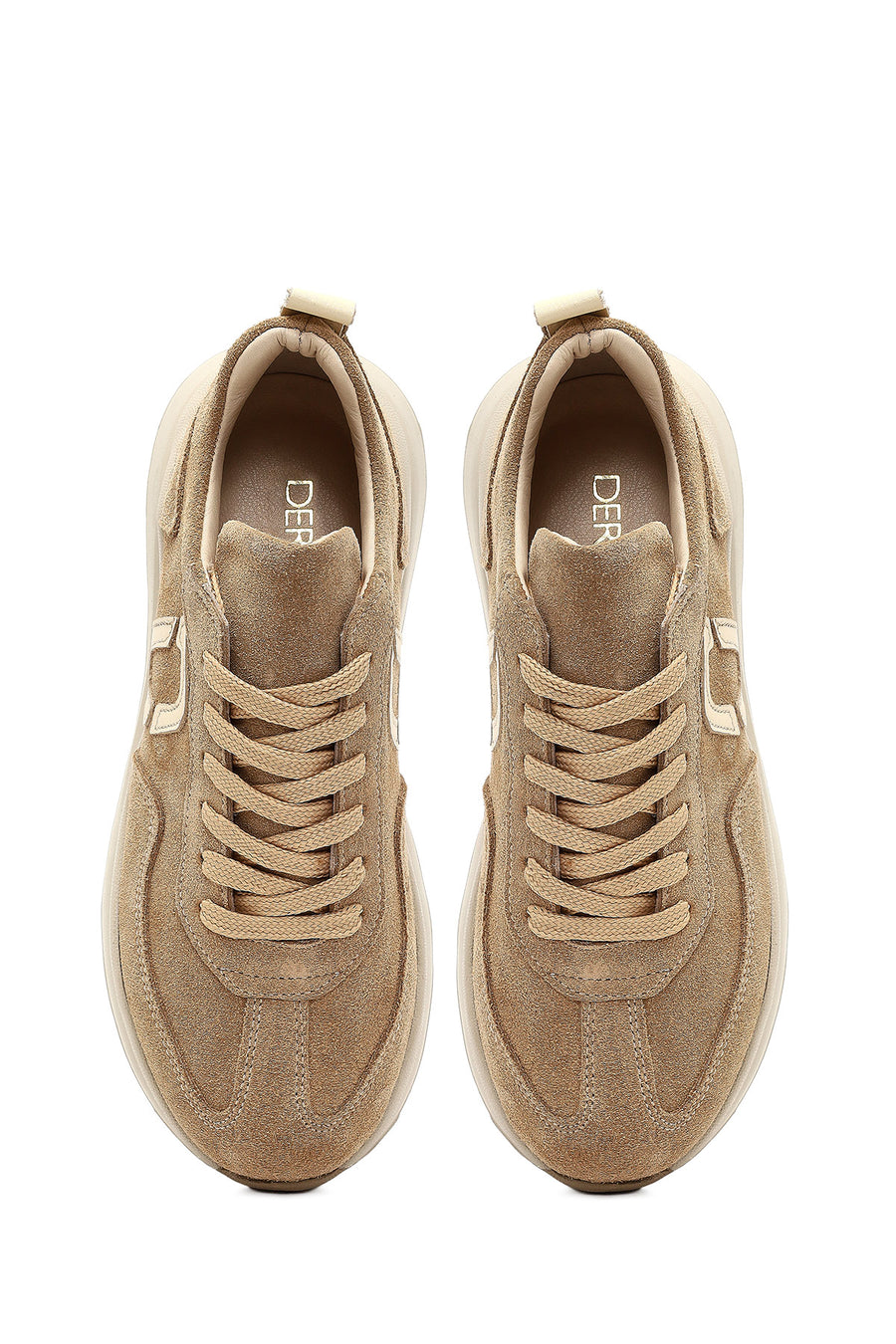Women's Beige Lace-Up Thick-Soled Suede Leather Sneaker