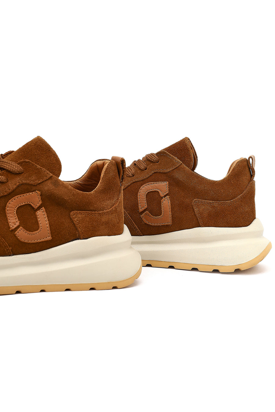 Women's Tan Lace-Up Thick-Soled Suede Leather Sneaker