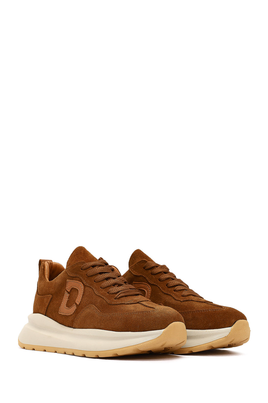 Women's Tan Lace-Up Thick-Soled Suede Leather Sneaker