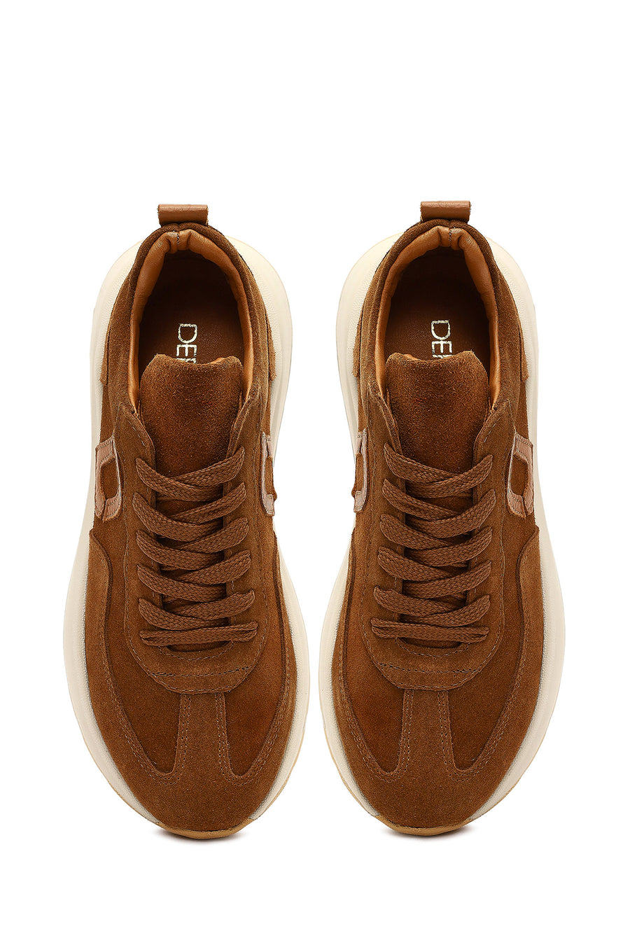 Women's Tan Lace-Up Thick-Soled Suede Leather Sneaker