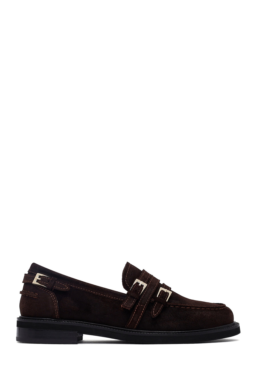 Woman Brown Buckled Suede Leather Loafer