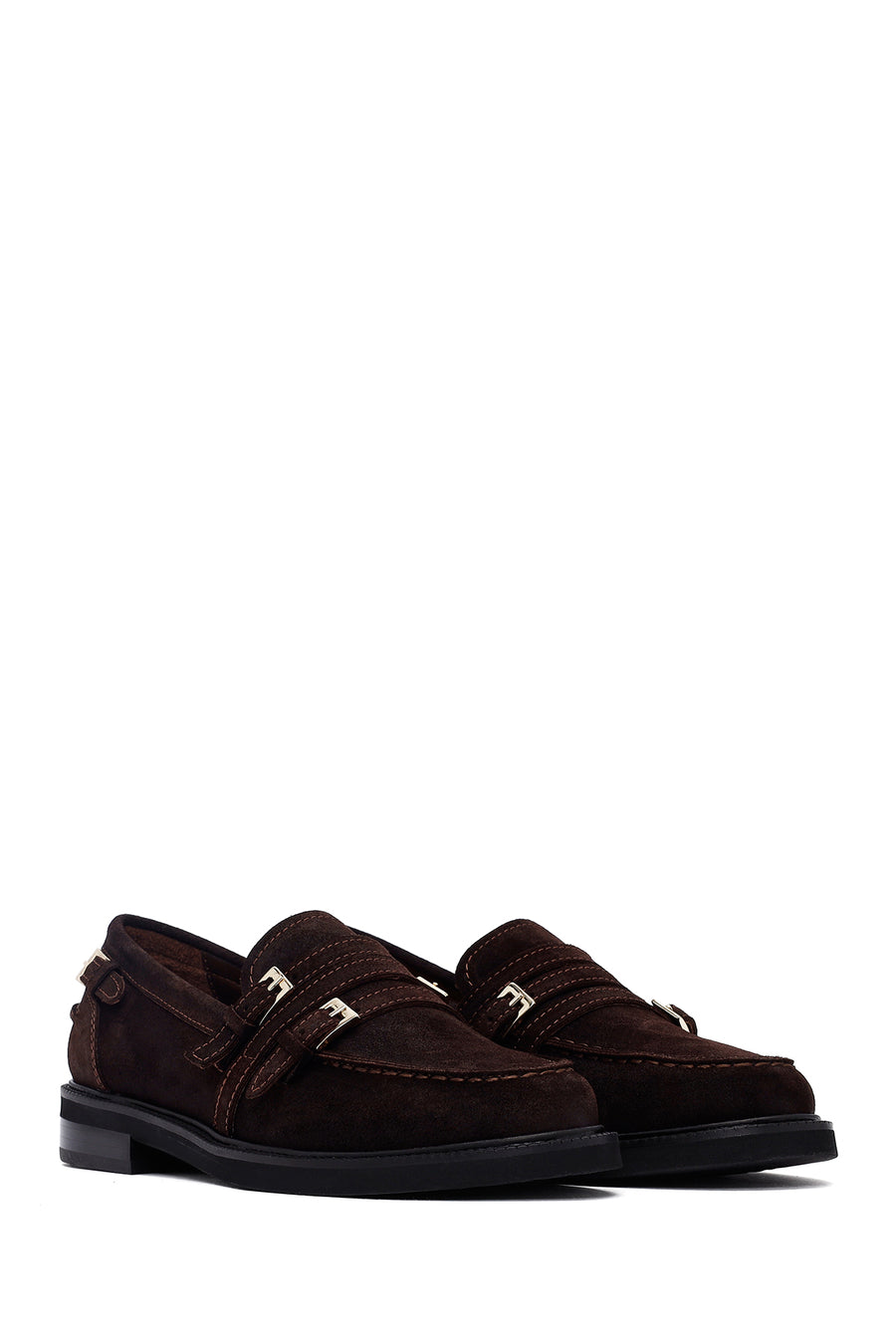 Woman Brown Buckled Suede Leather Loafer
