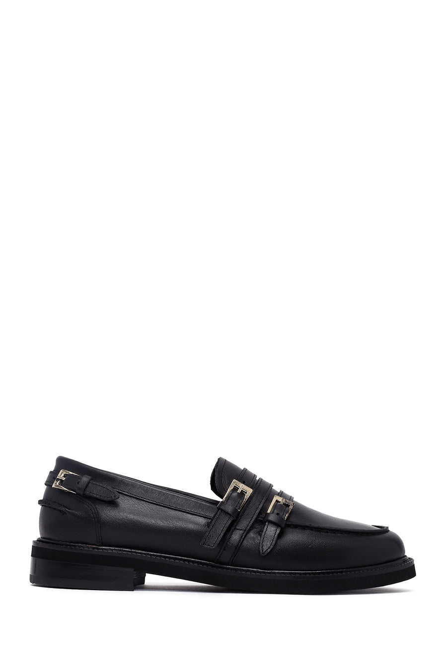 Woman Black Buckle Leather Masculine Loafer