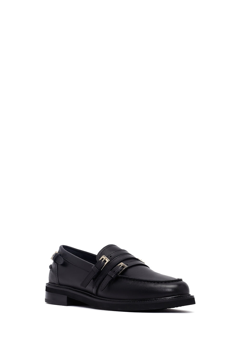 Woman Black Buckle Leather Masculine Loafer