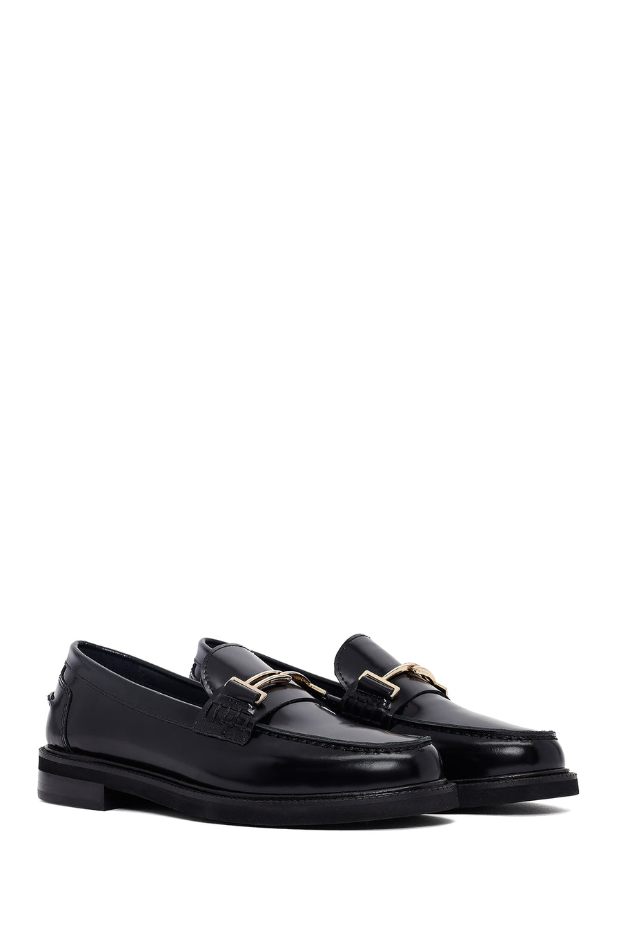 Women's Black Buckled Leather Masculine Loafer