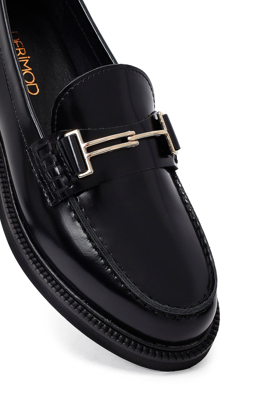 Women's Black Buckled Leather Masculine Loafer