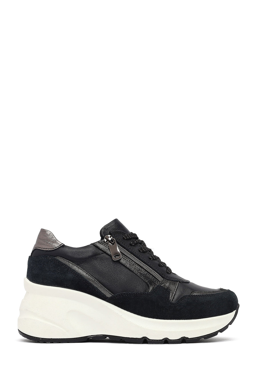 Woman Black Lace-Up Zipper Detailed Wedge Heels Leather Sneakers 25AFD370514 | Derimod