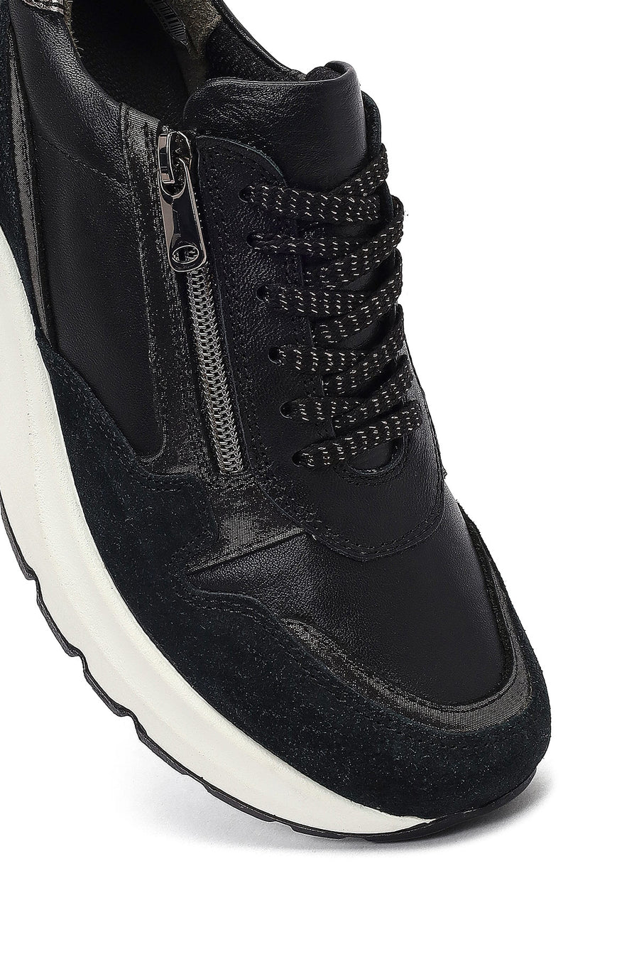 Woman Black Lace-Up Zipper Detailed Wedge Heels Leather Sneakers