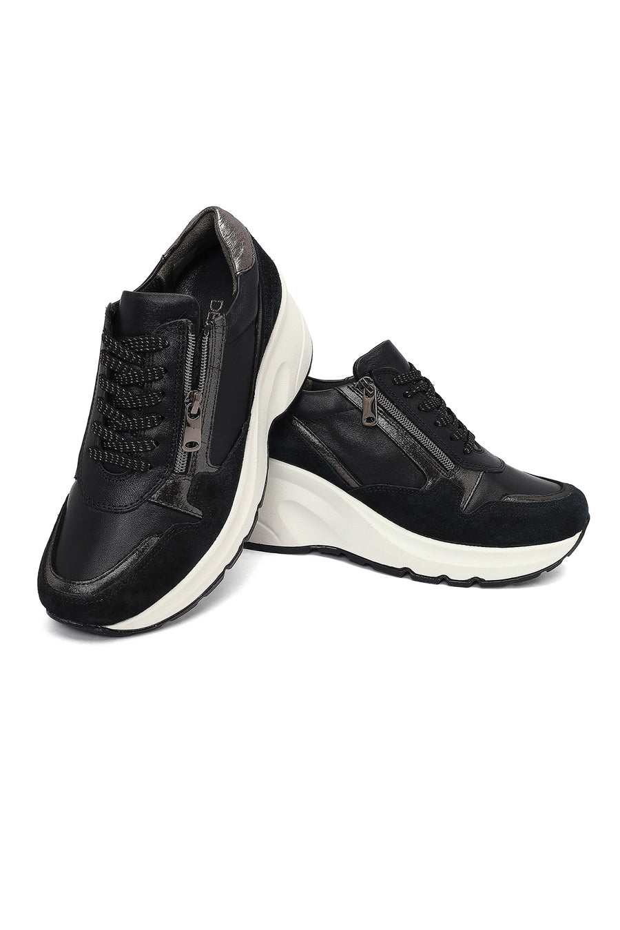 Woman Black Lace-Up Zipper Detailed Wedge Heels Leather Sneakers