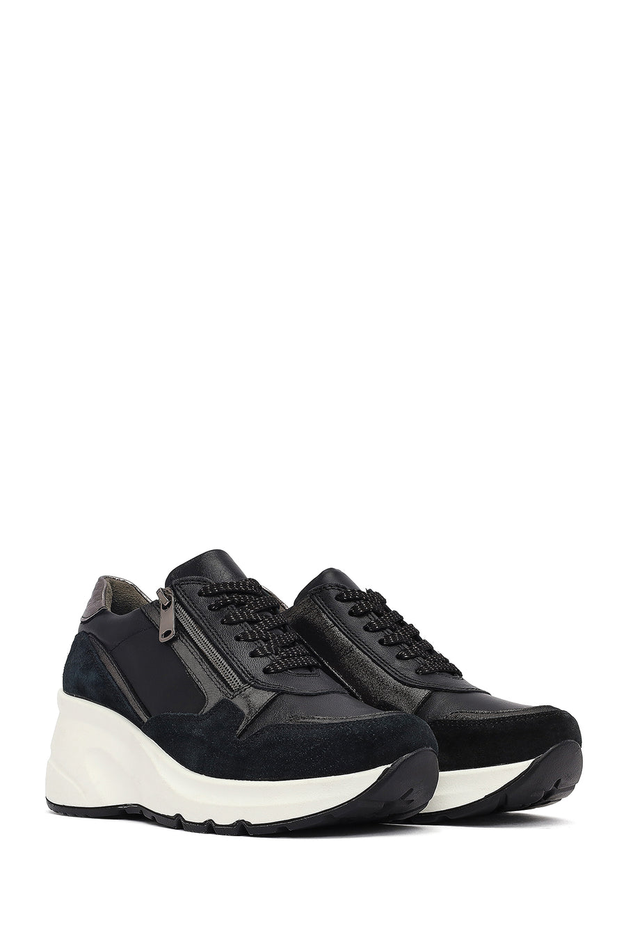 Woman Black Lace-Up Zipper Detailed Wedge Heels Leather Sneakers