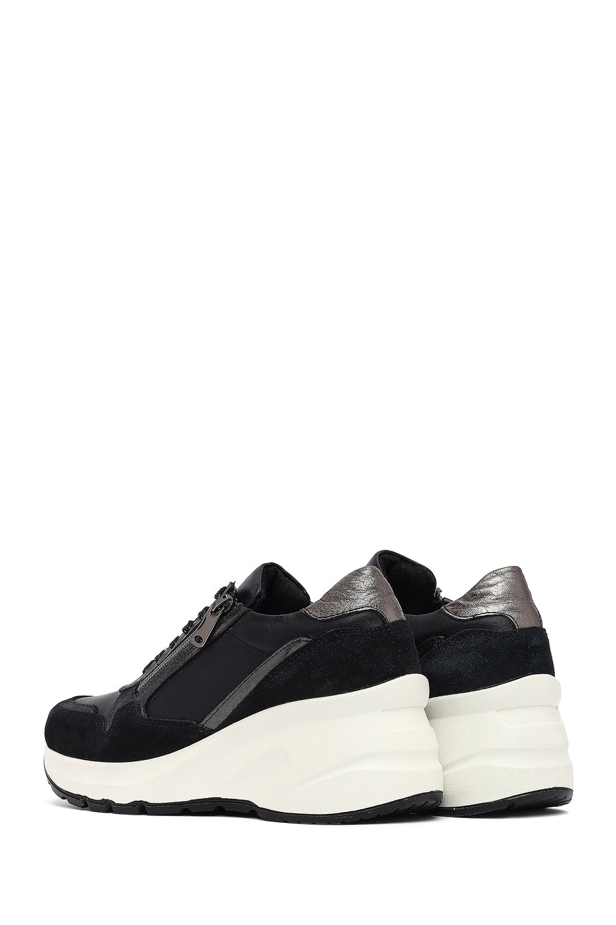 Woman Black Lace-Up Zipper Detailed Wedge Heels Leather Sneakers