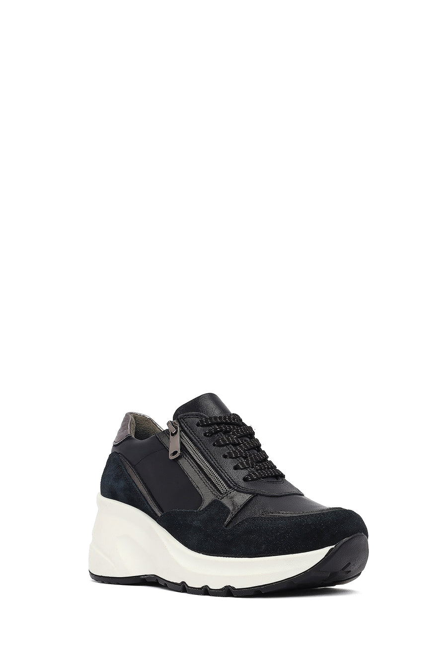 Woman Black Lace-Up Zipper Detailed Wedge Heels Leather Sneakers