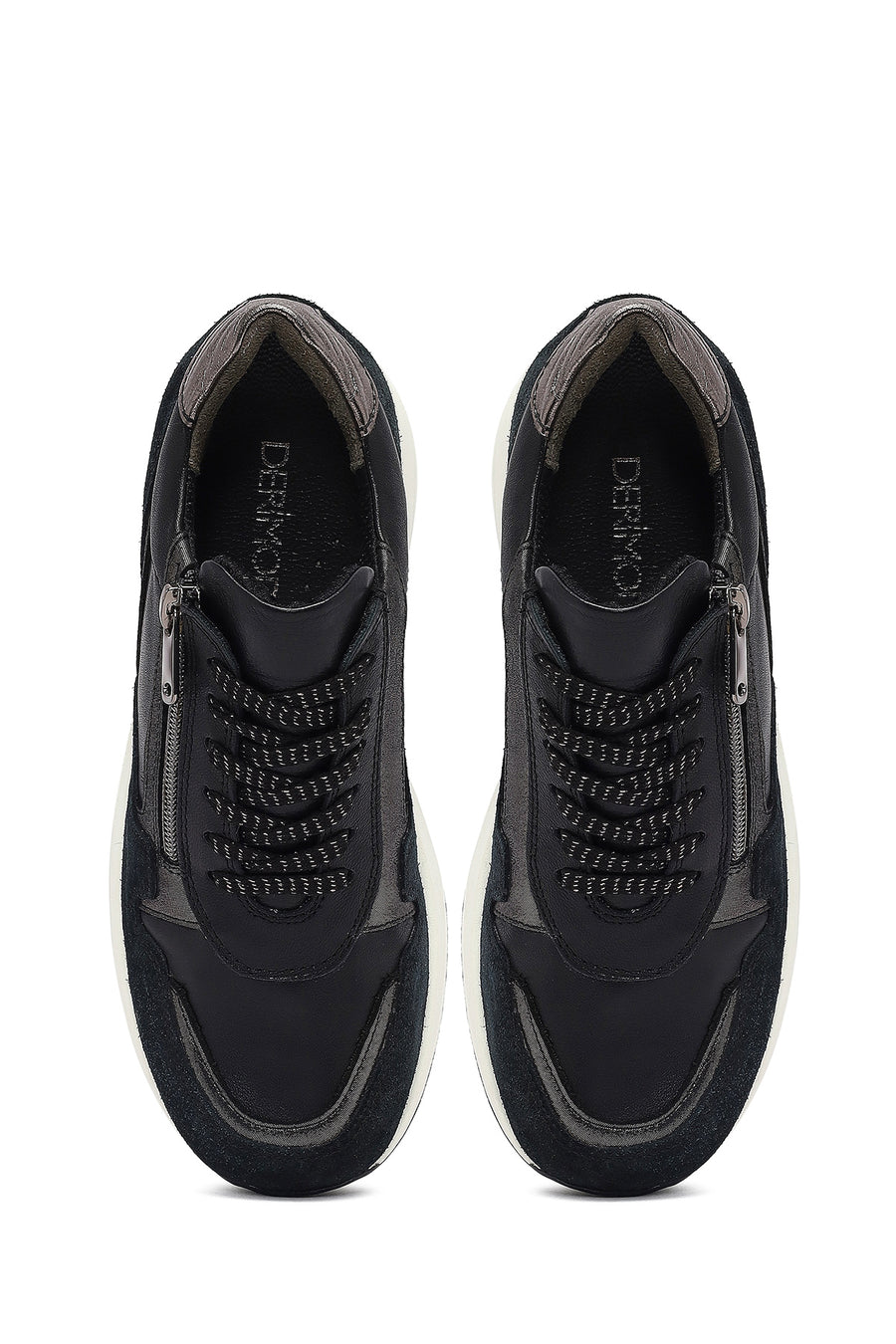 Woman Black Lace-Up Zipper Detailed Wedge Heels Leather Sneakers