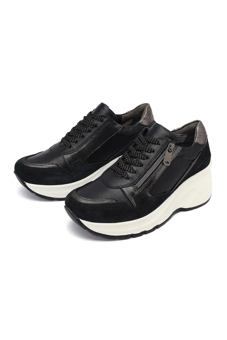 Woman Black Lace-Up Zipper Detailed Wedge Heels Leather Sneakers