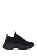 Derimod Zero Women's Black Lace-Up Thick-Soled Stone-Embellished Fabric Sneaker | Derimod