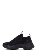 Derimod Zero Women's Black Lace-Up Thick-Soled Stone-Embellished Fabric Sneaker | Derimod
