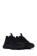 Derimod Zero Women's Black Lace-Up Thick-Soled Stone-Embellished Fabric Sneaker | Derimod