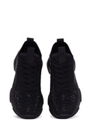 Derimod Zero Women's Black Lace-Up Thick-Soled Stone-Embellished Fabric Sneaker | Derimod