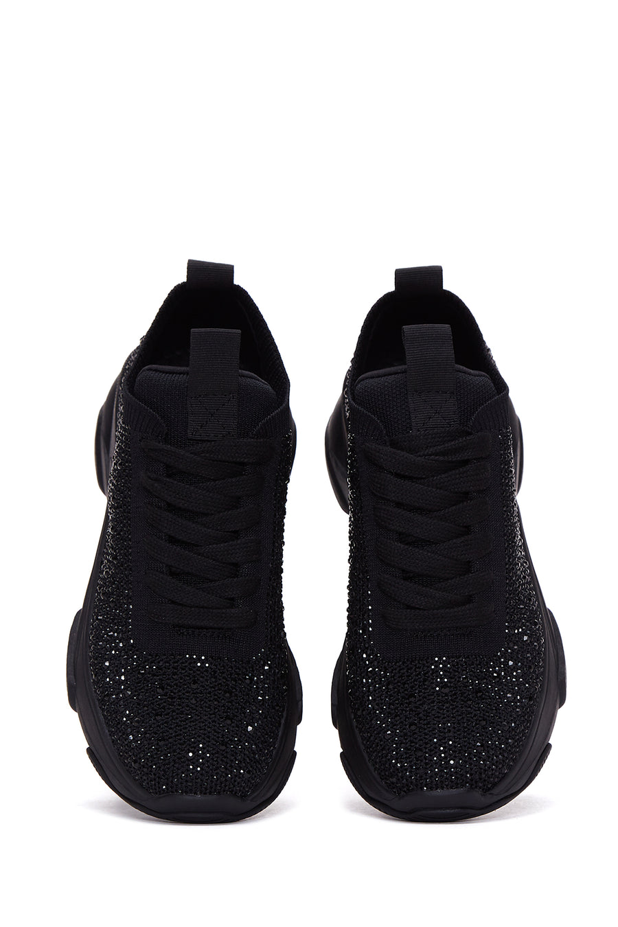 Derimod Zero Women's Black Lace-Up Thick-Soled Stone-Embellished Fabric Sneaker