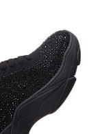 Derimod Zero Women's Black Lace-Up Thick-Soled Stone-Embellished Fabric Sneaker | Derimod