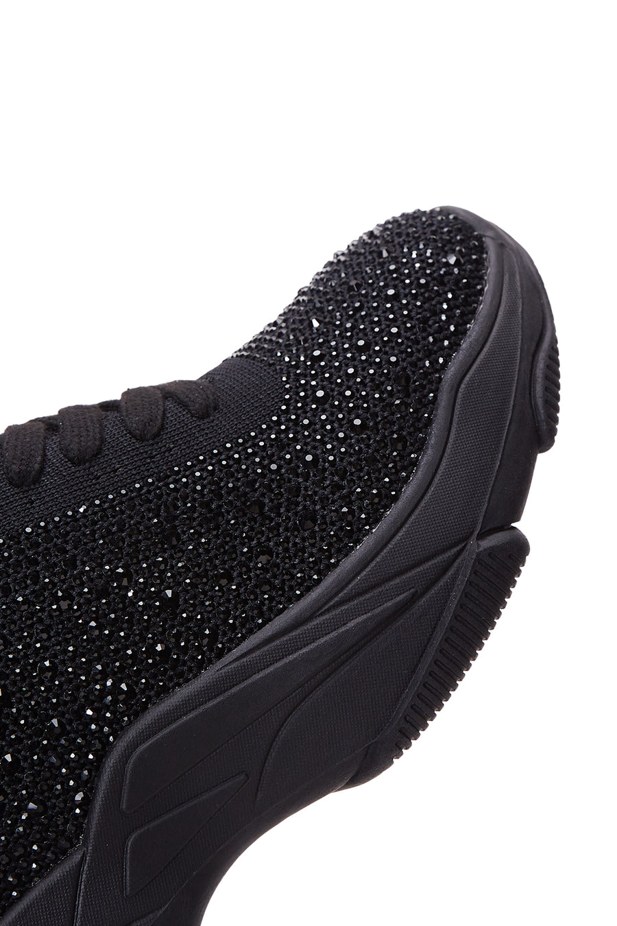 Derimod Zero Women's Black Lace-Up Thick-Soled Stone-Embellished Fabric Sneaker