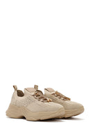Derimod Zero Women Beige Lace-Up Stone Detailed Fabric Sneaker | Derimod