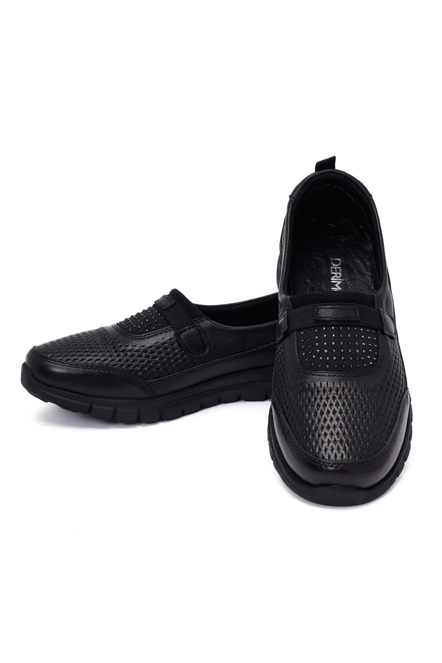 Woman Black Stone Detail Leather Comfort Shoes