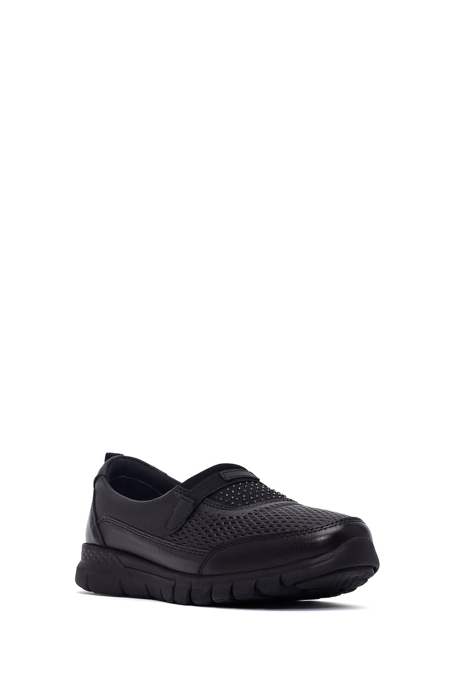Woman Black Stone Detail Leather Comfort Shoes