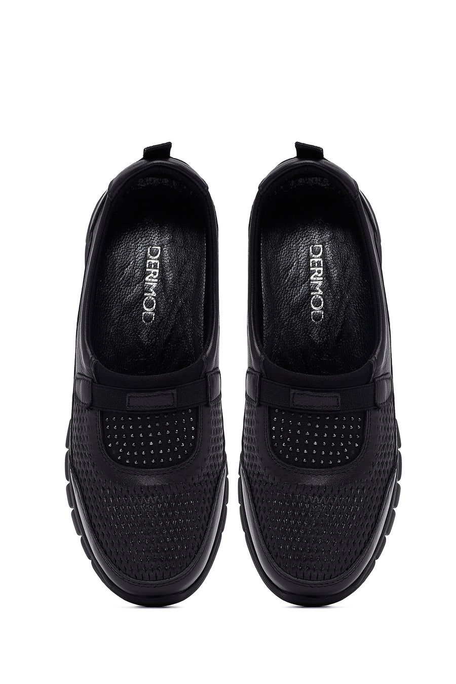 Woman Black Stone Detail Leather Comfort Shoes