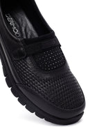 Woman Black Stone Detail Leather Comfort Shoes | Derimod