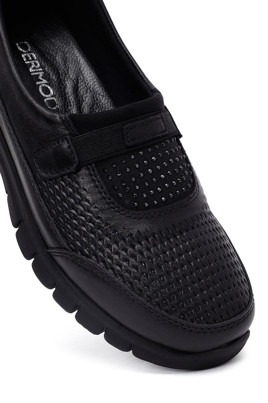 Woman Black Stone Detail Leather Comfort Shoes