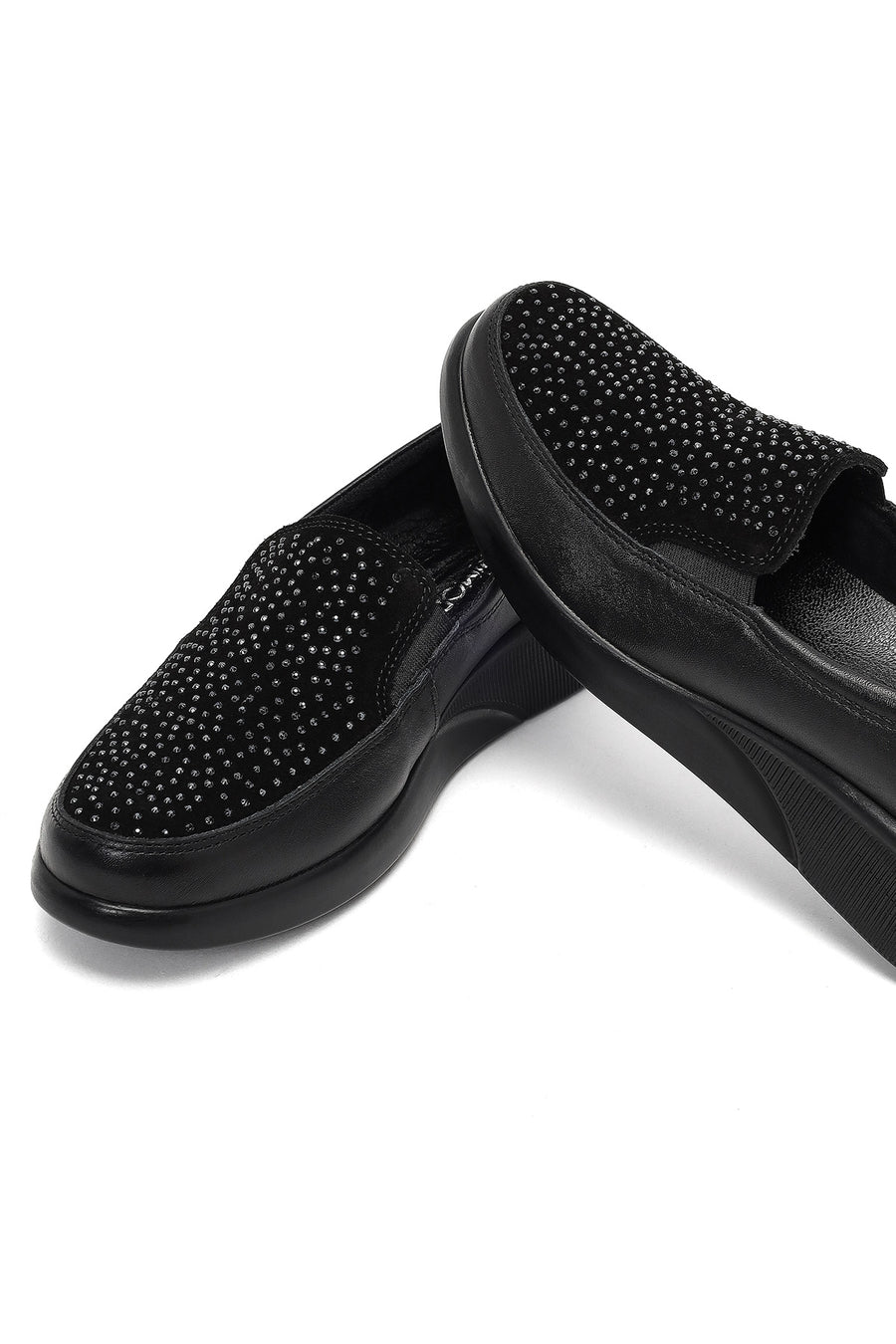 Women's Black Stone Detailed Platform Heel Leather Comfort Shoe