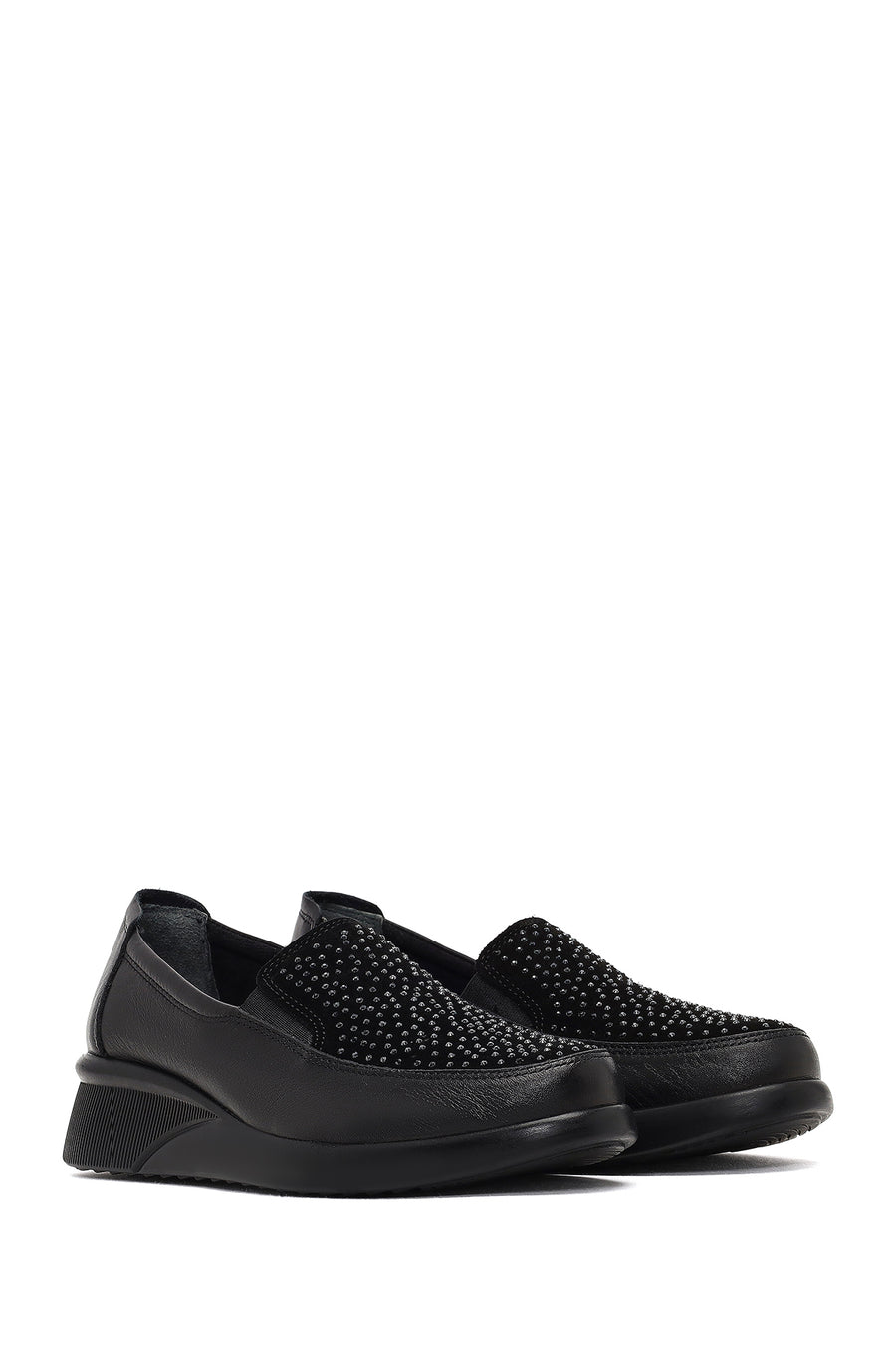 Women's Black Stone Detailed Platform Heel Leather Comfort Shoe