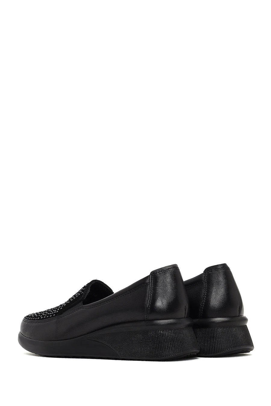 Women's Black Stone Detailed Platform Heel Leather Comfort Shoe
