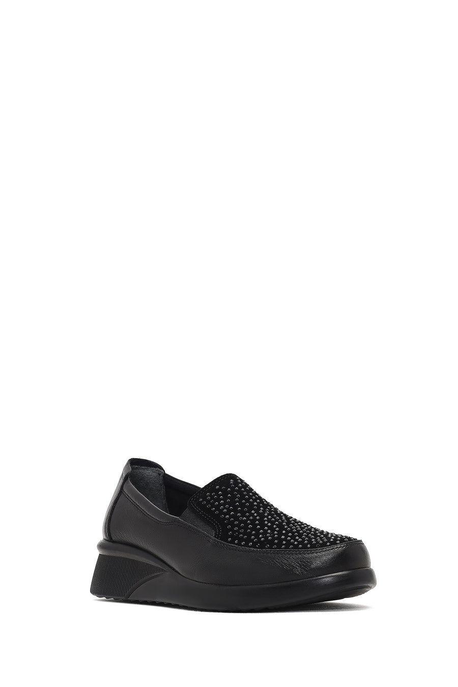 Women's Black Stone Detailed Platform Heel Leather Comfort Shoe