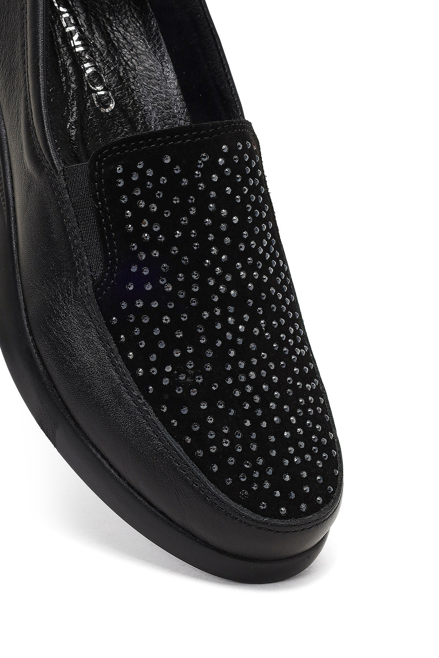 Women's Black Stone Detailed Platform Heel Leather Comfort Shoe
