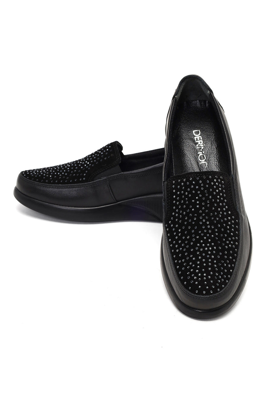 Women's Black Stone Detailed Platform Heel Leather Comfort Shoe