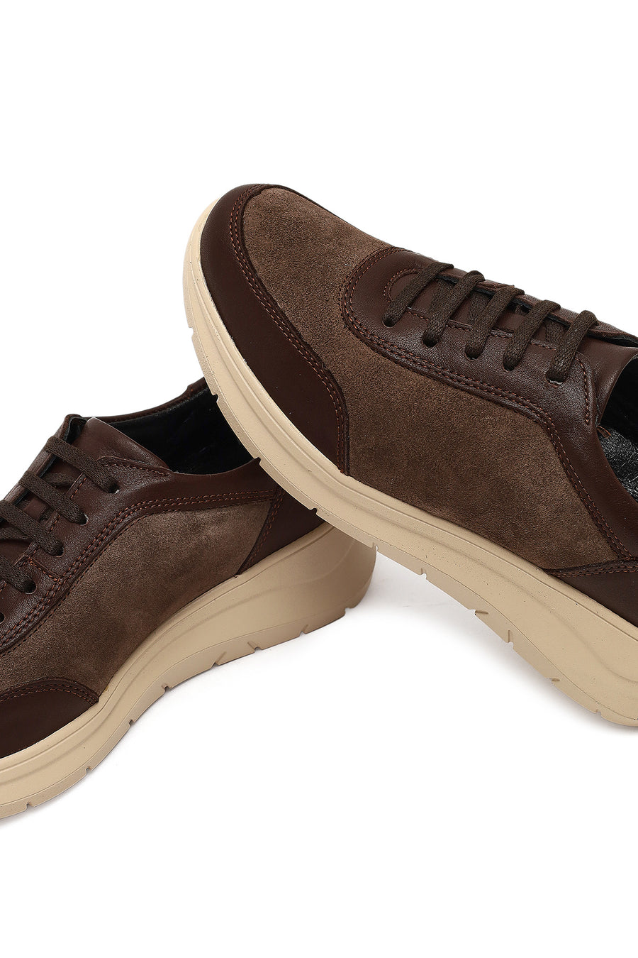 Women's Brown Lace-Up Thick-Soled Leather Sneaker