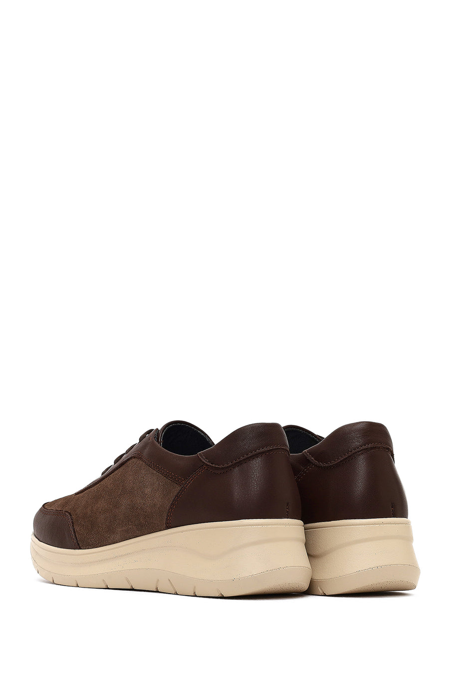 Women's Brown Lace-Up Thick-Soled Leather Sneaker