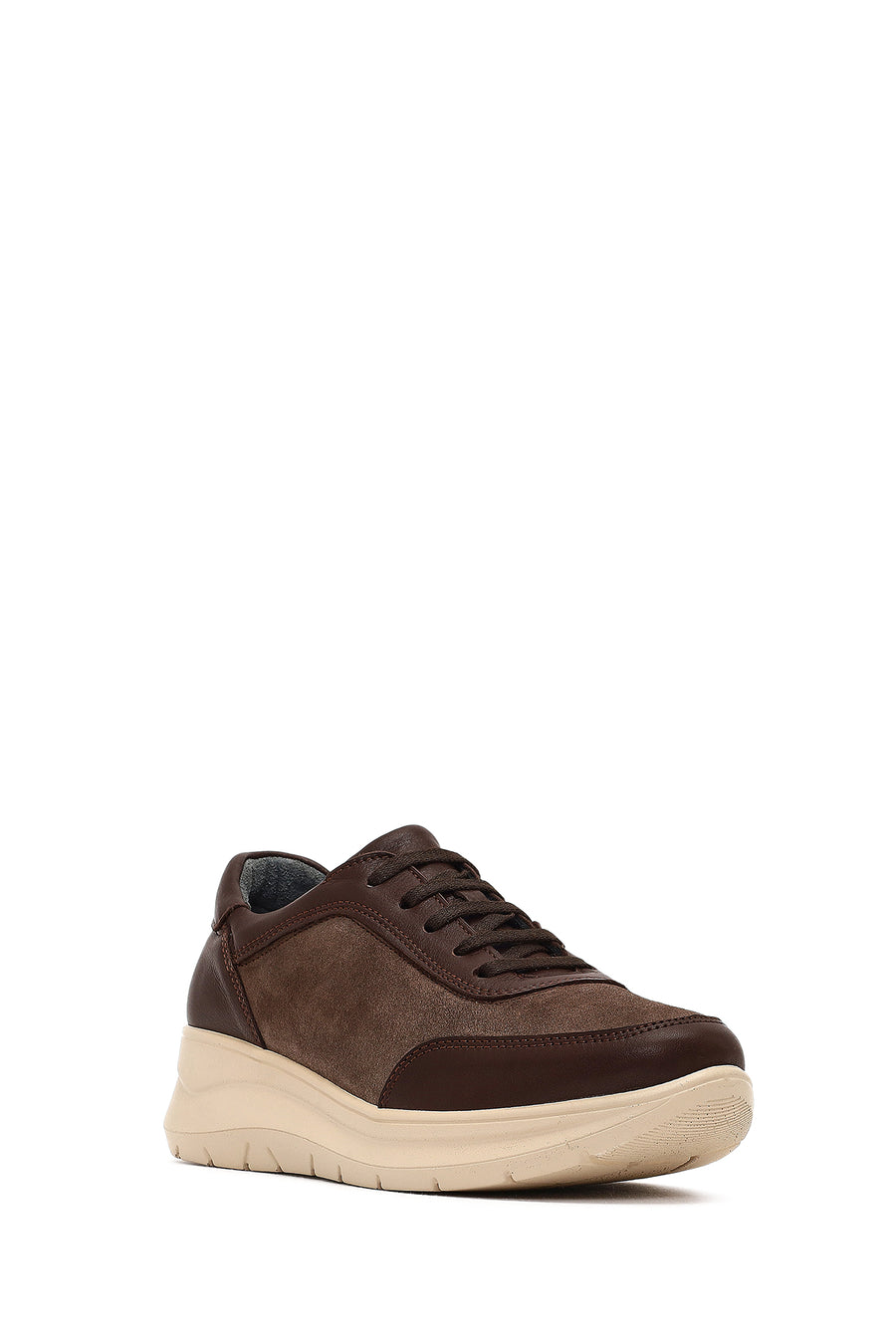 Women's Brown Lace-Up Thick-Soled Leather Sneaker