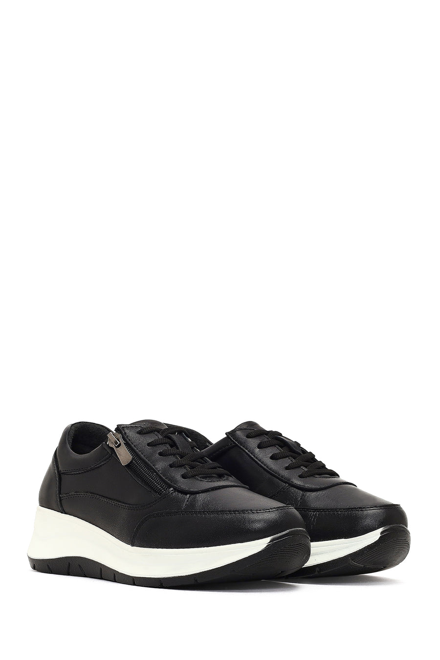 Women's Black Lace-Up Thick-Soled Leather Sneaker