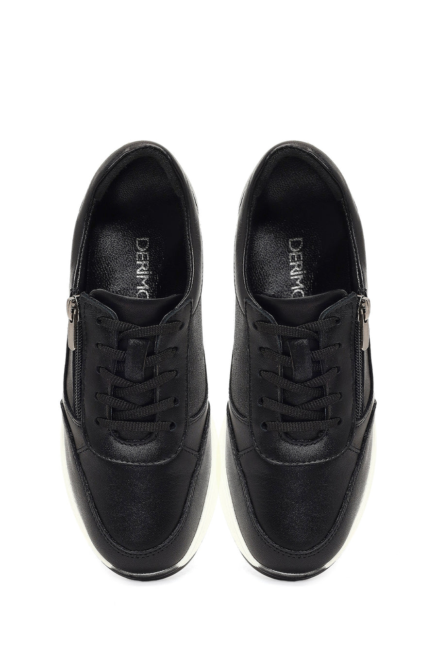 Women's Black Lace-Up Thick-Soled Leather Sneaker