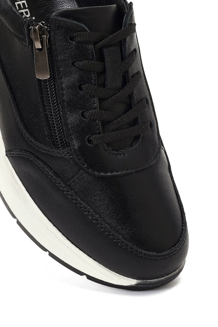 Women's Black Lace-Up Thick-Soled Leather Sneaker