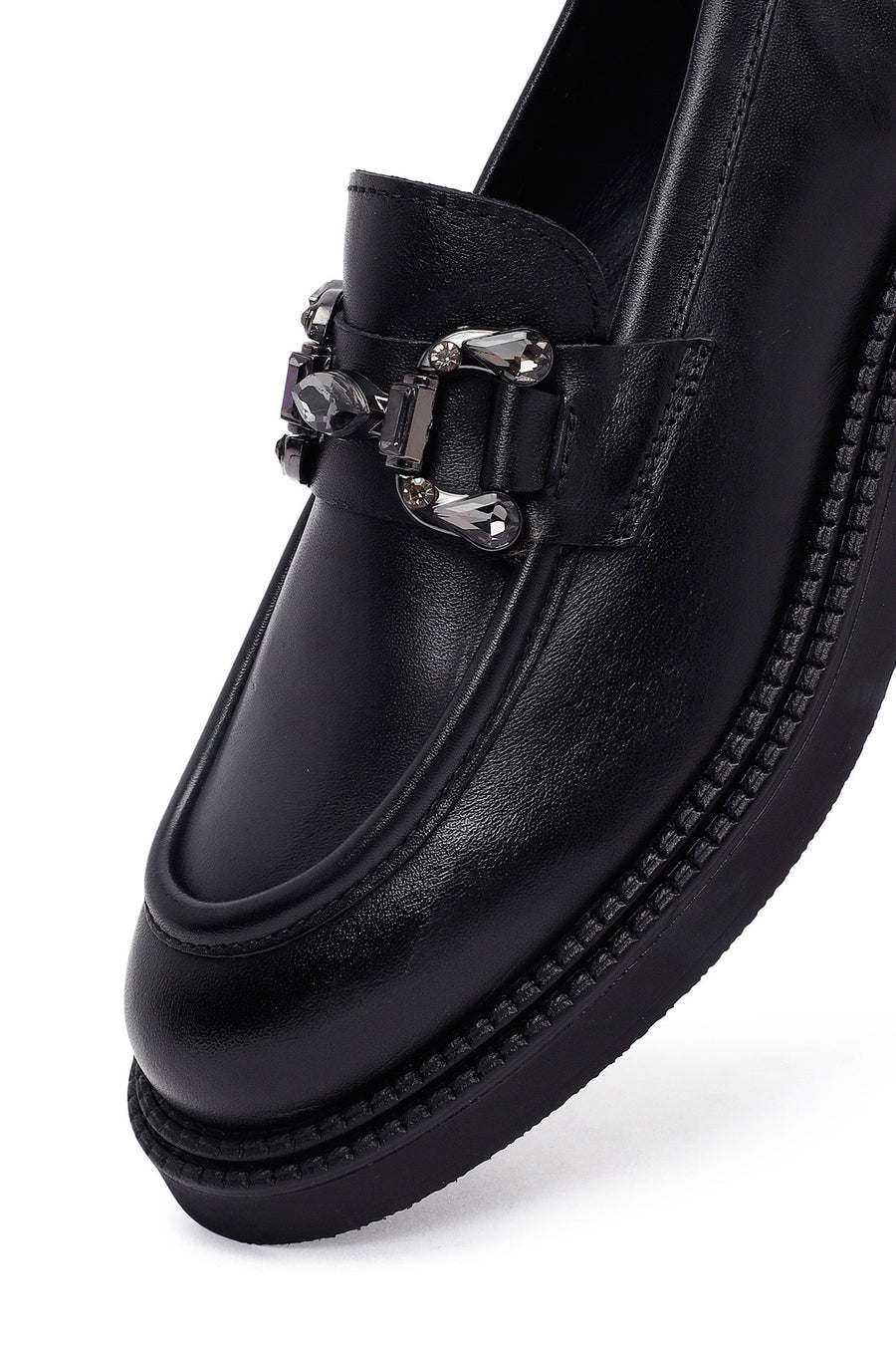 Woman Black Buckle Leather Masculine Loafer