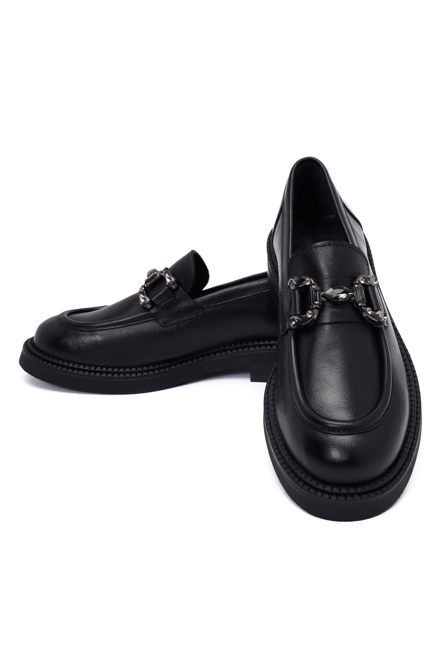 Woman Black Buckle Leather Masculine Loafer