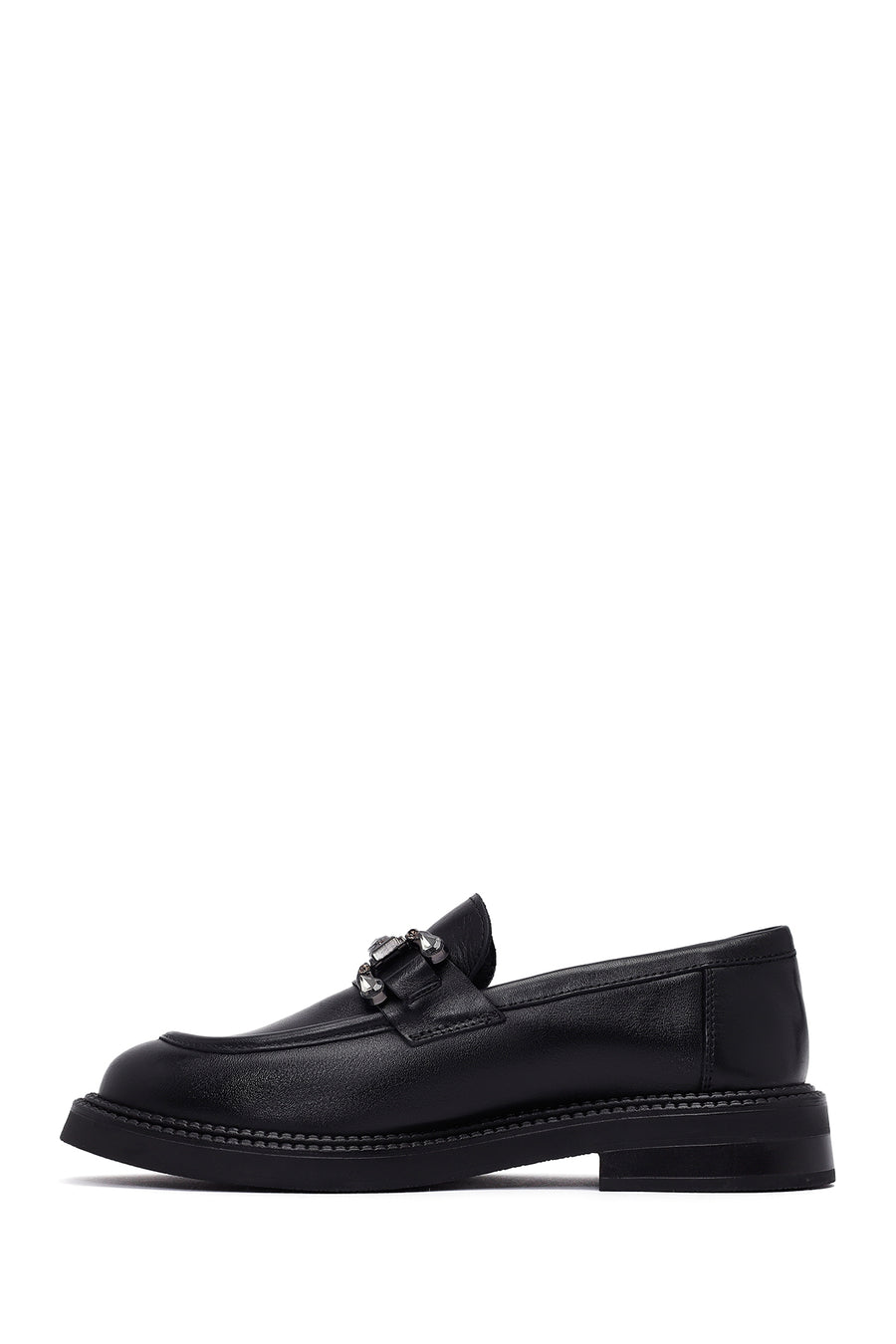 Woman Black Buckle Leather Masculine Loafer