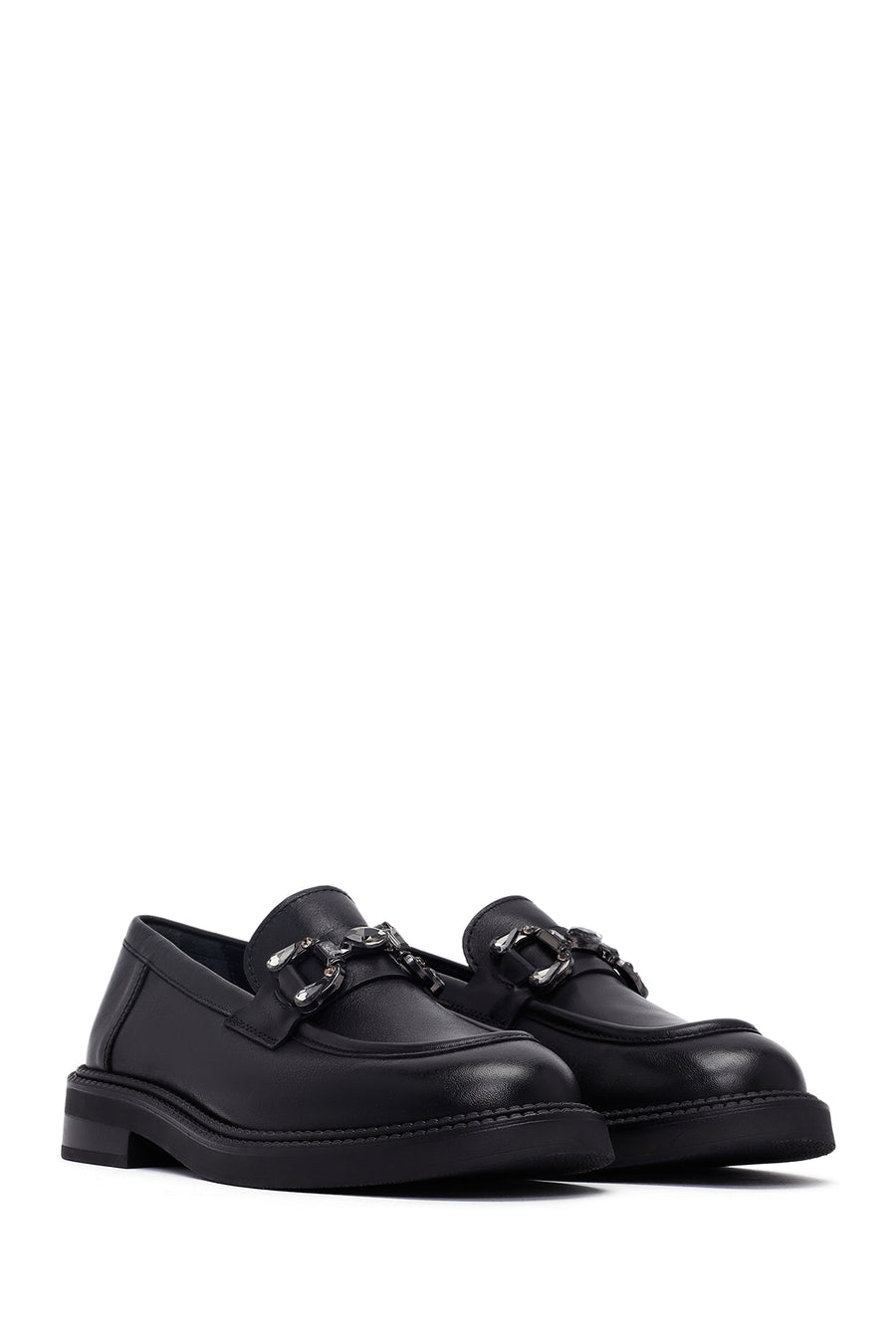 Woman Black Buckle Leather Masculine Loafer