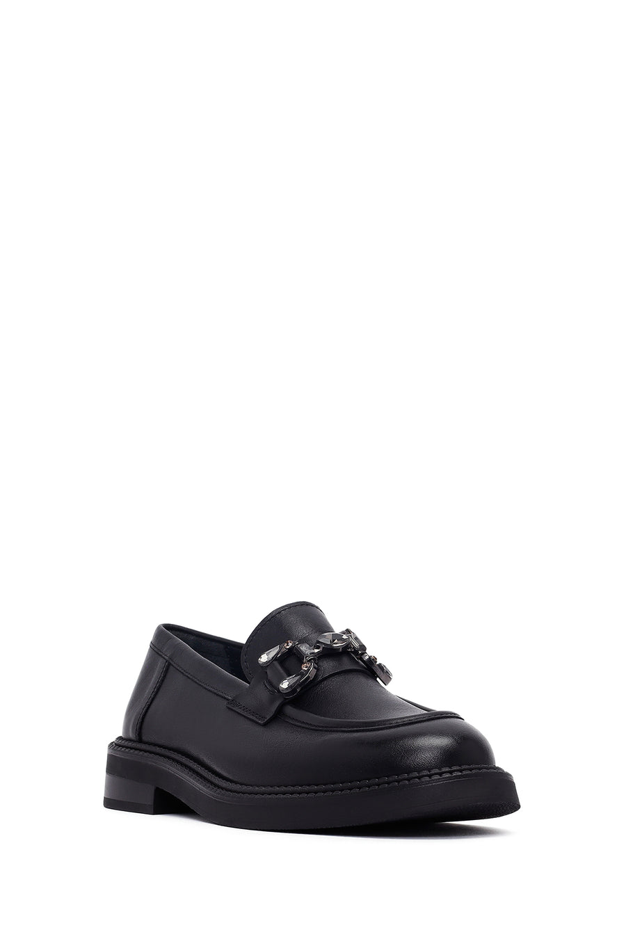 Woman Black Buckle Leather Masculine Loafer