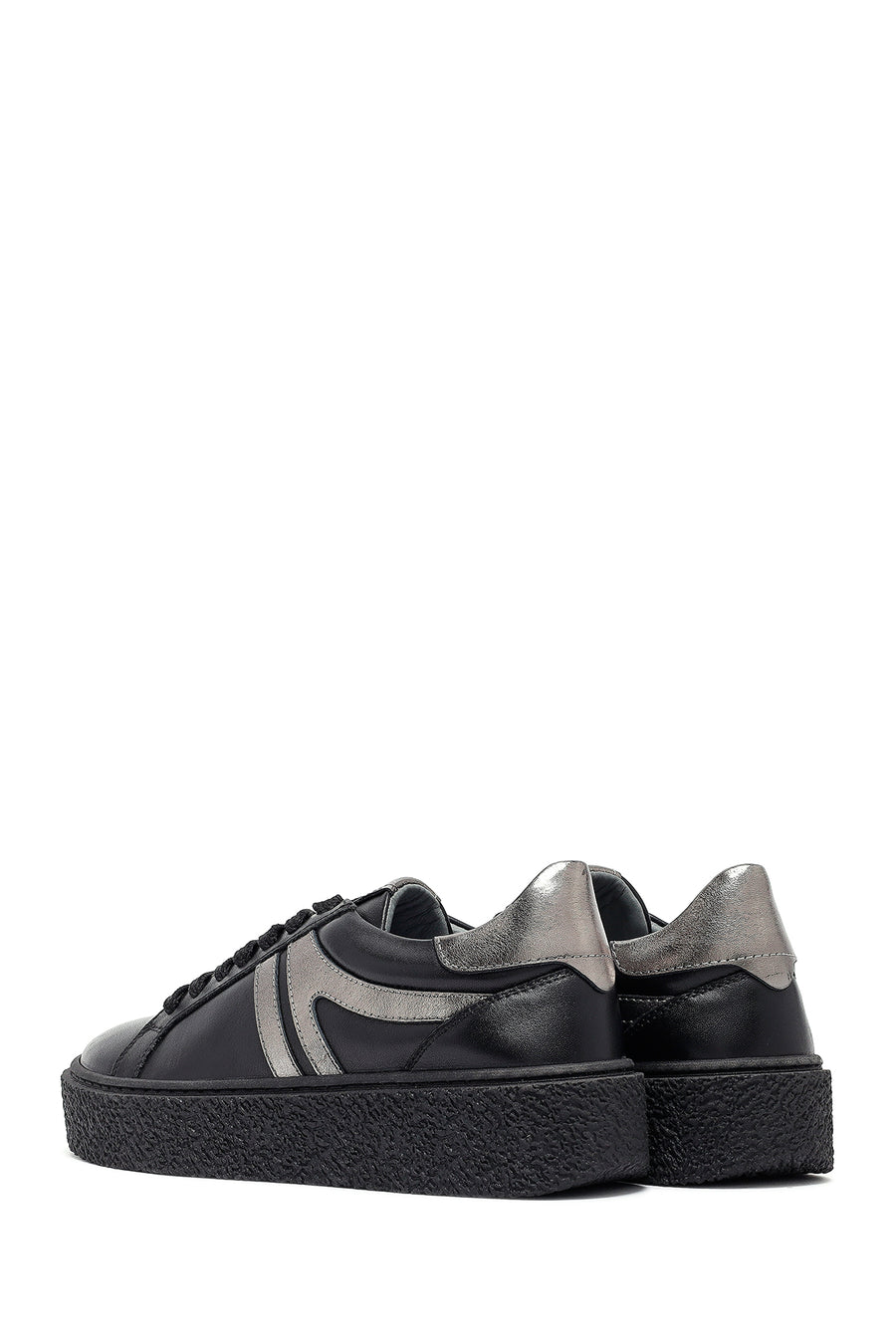 Woman Black Lace-Up Thick Sole Leather Sneakers