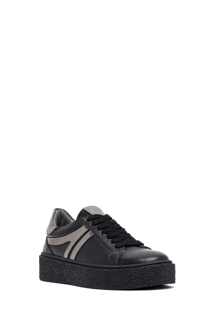 Woman Black Lace-Up Thick Sole Leather Sneakers
